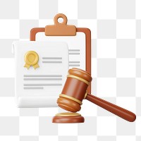 Court order png, judge gavel and document, 3D law remix, transparent background