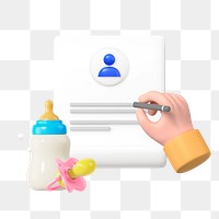 Birth certificate png remix, 3D hand & baby bottle, transparent background