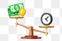 Time & money png weighing on scales, 3D remix, transparent background