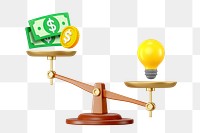 Money & light bulb png weighing on scales, 3D remix, transparent background