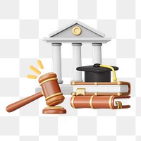 3D legal studies png, gavel & books remix, transparent background