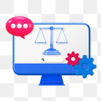 Online law firm png, 3D justice scale & computer remix, transparent background