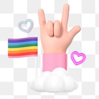 ILY hand sign png, pride flag, 3D LGBTQ remix, transparent background