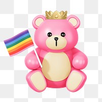 Teddy bear png holding pride flag, LGBTQ 3D remix, transparent background