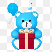 Blue birthday png teddy bear, 3D illustration, transparent background