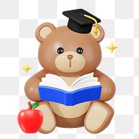 Graduate teddy bear png, 3D education illustration, transparent background