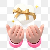 Hand presenting heart png gift box, 3D love graphic, transparent background