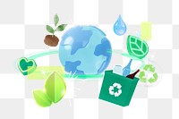 3D globe png, recycle bin illustrations, environment remix, transparent background