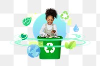 Kid recycling garbage png, 3D environment remix, transparent background