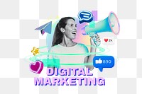 Digital marketing png word, technology remix in neon design