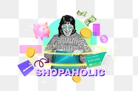 Shopaholic png word, finance remix in neon design