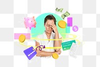 Stressed woman png, digital finance remix, transparent background