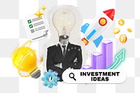 Investment ideas png word element, 3d remix, transparent background