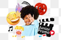 Junior promo, cinema png word element, 3d remix, transparent background