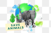 Save animals png word element, 3d remix, transparent background