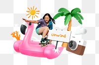 Unwind, summer vacation png word element, 3D collage remix, transparent background