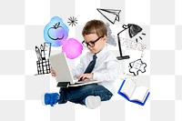 Boy using laptop png, education doodle remix, transparent background