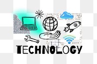 Technology png word, grid globe doodle remix, transparent background