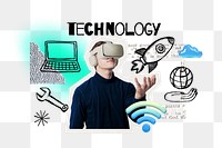 Technology png word, man using VR remix, transparent background