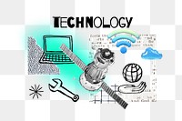 Technology png word, communication satellite remix, transparent background