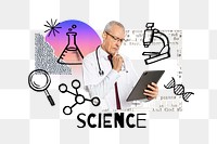 Science word png, scientist using tablet  remix, transparent background