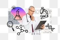 Scientist using tablet png, science doodle remix, transparent background