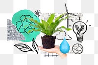 Hand presenting houseplant png, environment doodle remix, transparent background