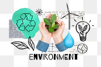 Hands cupping plant png, environment doodle remix, transparent background