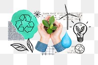 Hands cupping plant png, environment doodle remix, transparent background