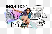 Social media word png, skater girl, digital doodle remix, transparent background