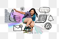 Social media doodle png element, girl skating remix, transparent background