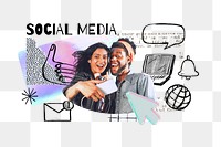 Social media word png, couple taking selfie, digital doodle remix, transparent background