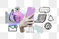 Hand holding smartphone png element, social media doodle remix, transparent background