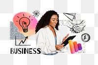 Business word png, businesswoman using tablet remix, transparent background