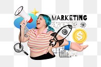 Marketing word png, woman holding megaphone remix, transparent background