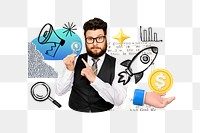 Man holding png light bulb, business strategy doodle remix, transparent background