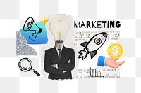 Marketing word png, bulb-head businessman remix, transparent background