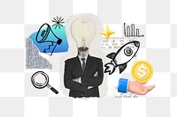 Bulb-head businessman png, business doodle remix, transparent background