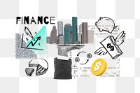 Finance word png, real estate buildings remix, transparent background