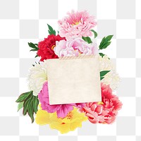 Note paper png badge, flower bouquet collage, transparent background