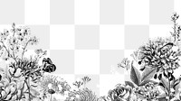 B&W flower border png vintage botanical, transparent background