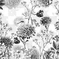 Monotone flower png black and white botanical, transparent background