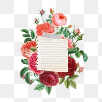 Valentine's note paper png flower bouquet, transparent background