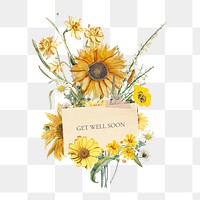 Get well soon png  greeting, aesthetic flower bouquet collage art on transparent background