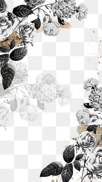 Vintage flower png border, black and white, transparent background