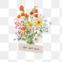 Get well soon png greeting, aesthetic flower bouquet collage art on transparent background