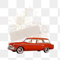 Classic car & fireworks png, celebration remix, transparent background