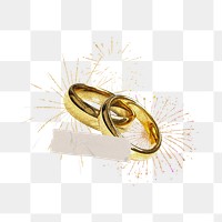 Gold wedding rings, fireworks, celebration collage, transparent background