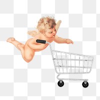 Cupid png pushing shopping cart, transparent background. Remixed by rawpixel.