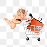 Shopping png  cupid with trolley, transparent background. Remixed by rawpixel.